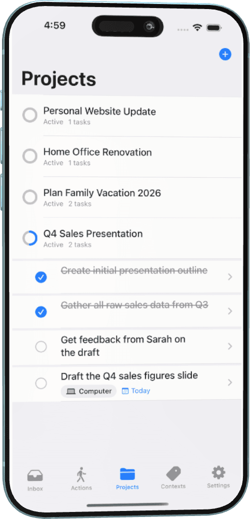 Clarify Projects list organizing multi-step outcomes